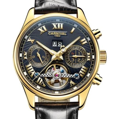 Carnival Mens Multifunction Holllow-out Dial Leather Watchband Automatic Self-Wind Mechanical Watch - gold bezel black dial