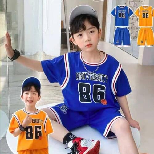 Childrens Basketball Uniform Set Summer New Kids Boys Sport Suits Letter Print T Shirts Shorts Boys Casual Loose Two-piece Sets