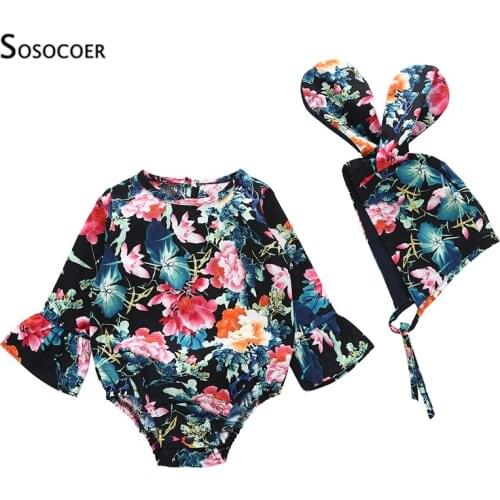 SOSOCOER Baby Girl Clothes Set Floral Printed Long Sleeve Romper Jumpsuit Big Ear Hat Infant Newborn Outfits 2pcs Set 3-12M