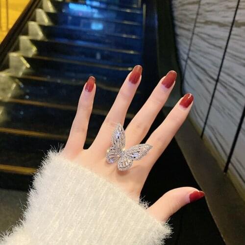 Korean Fashion Full Butterfly Open Ring Hollow Gem Exaggerated Ring Fashion Jewelry Wedding Party Jewelry Gift