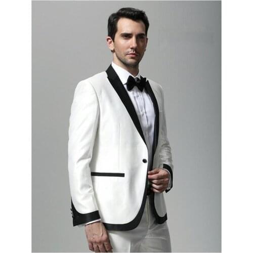 New Arrival Groomsmen White Groom Tuxedos Peak Black Lapel Men Suits Wedding Best Man Blazer ( Jacket+Pants+Tie ) C511