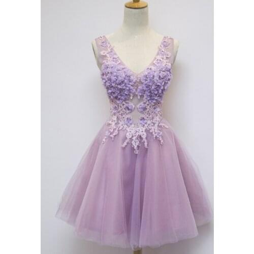 Free ship light purple flower beading applique v neck tutu dress/event/party dress