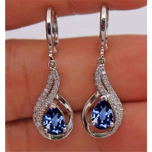 Luxury Female Rainbow Crystal Long Earring Classic Silver Color Wedding Earrings Fashion Blue Zircon Hoop Earrings For Women