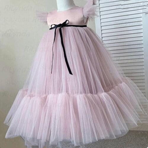 Pink Kids First Communion Dresses Nude Crystal Pearls Satin Belt Baptism Dress Girl Wedding Party Dress Princess Dress