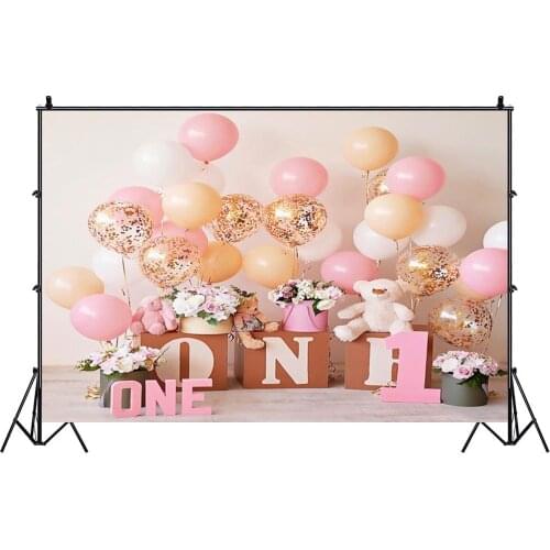 Pink 1st Photo Backdrop Girls Newborn Baby Happy Birthday Party Balloon Decoration Princess Photography Backgrounds Banner