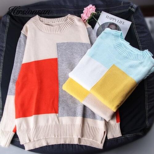 Hirsionsan Patchwork Sweater Women Winter Warm Casual Loose Long Sleeve Female Pullover Multicolor O-Neck Knitted Jumper Tops
