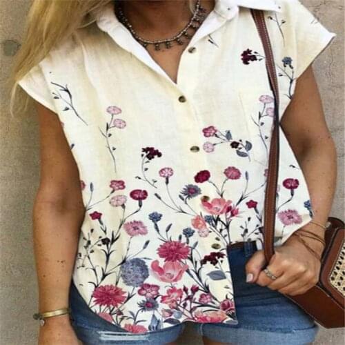 Loose Casual Flower Print Cardigan Short-sleeved Female Shirt All-match Single Breasted Turn-down Collar Plus Size Women Shirts