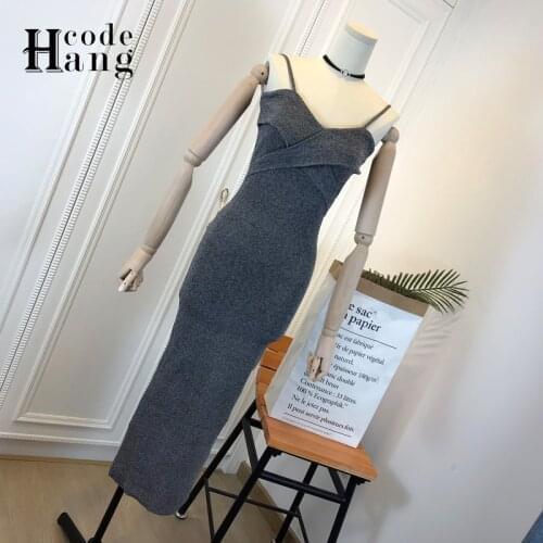HangCode Spring Summer Women Dress Sexy V-neck Cross Badnage Bodycon Spaghetti Strap Slim Basic Knit Long Dress Women Vestidos