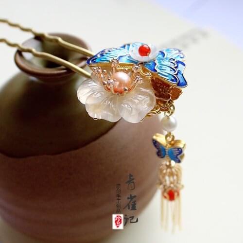 Vintage Cloisonnel handmade butterfly tassel "U"hairpin hair sticks Headwear do-up tools for hair bun kimono