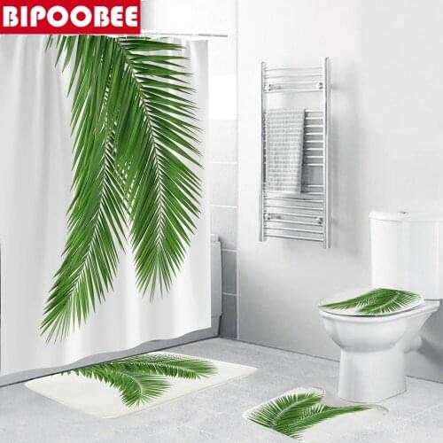 Green Coconut Leaves Bathroom Shower Curtains Set Natural Plants Bathtub Curtain White Non-Slip Rug Toilet Lid Cover Bath Mat