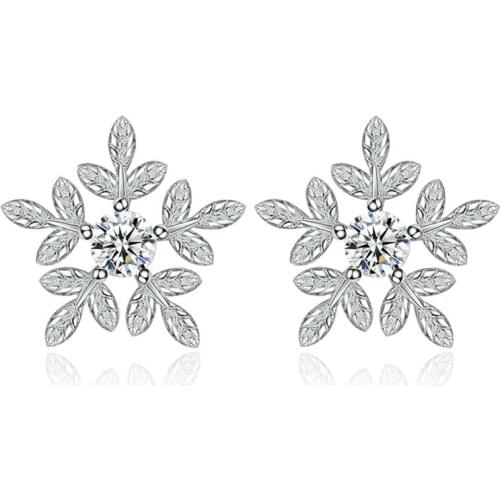 100% 925 sterling silver fashion crystal snowflower design ladiesstud earrings wholesale jewelry birthday gift drop shipping