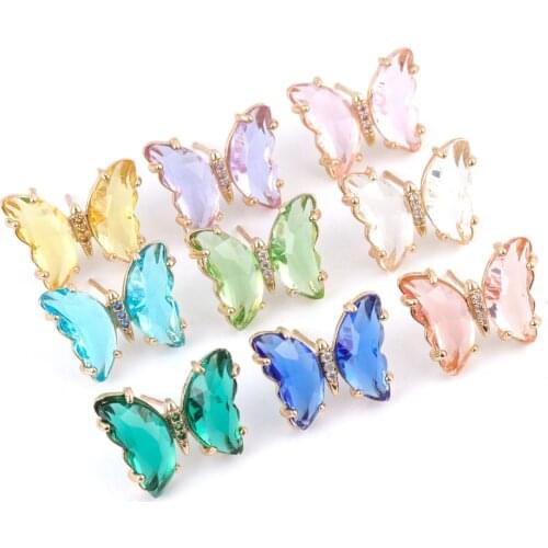 2020 New Cute Transparent Blue Pink Yellow Crystal Butterfly Stud Earrings For Women Girls Piercing Animal Insect Jewelry