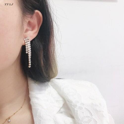 Cz stone chain long tassel hanging earrings for women stainless steel party earrings glitter bling club accessory trendy women