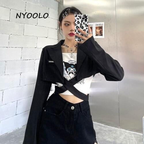 NYOOLO Novelty Design High Waist Cross Tie Long Sleeve Elegant Blazer Jacket Women Clothes Casual Short Black Coats Outerwear