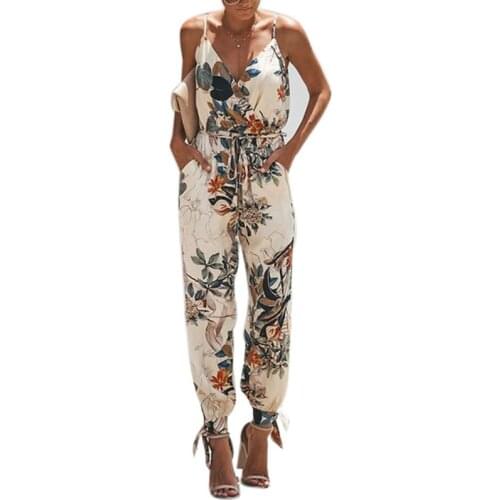 Women Sleeveless Retro Floral Jumpsuit Sexy Wrap V-Neck Drawstring High Waist Rompers Side Split Long Pants Playsuit With Pocket