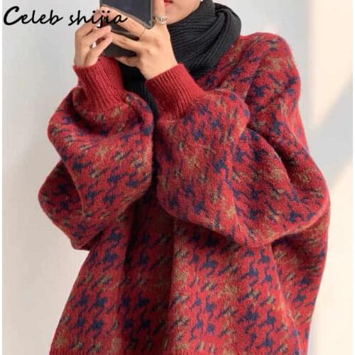 SHIJIA Burgundy Plaid Sweater Woman Lantern Sleeve Autumn Winter 2021 Loose Knitted Jumper Female Long Sleeve Vintage Lazy Knit