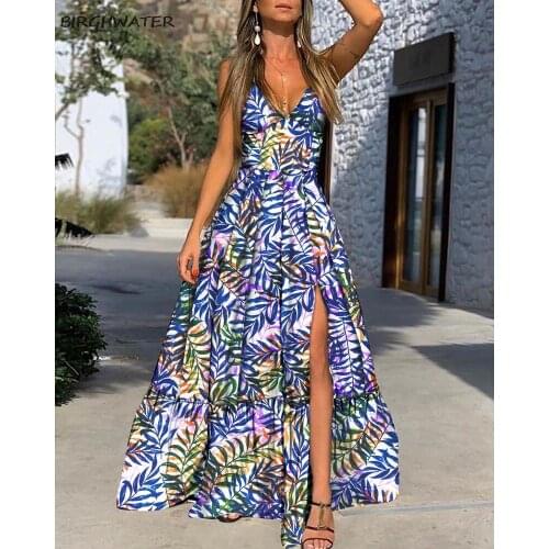 Women Dress Spaghetti Strap Deep V-neck High Waist Slit Long Dresses 2021 Summer leaf Printed Maxi Dresses women Casual vestidos