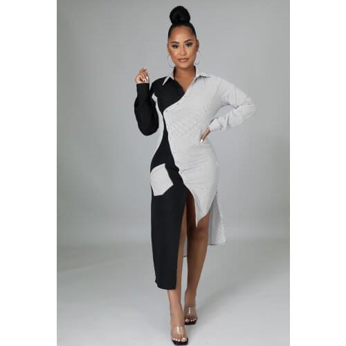 Elegant Patchwork Black Stripe Print Shirt Long Dress Women Sexy Turn-down Collar V Neck Long Sleeve Irregular Dress Robe Lounge