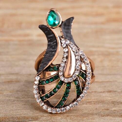 Blucome New Flower Wide Ring Green Resin Vintage Bottle Shape Rings Turkey Hollow Crystal For Women Wedding Party Accessories
