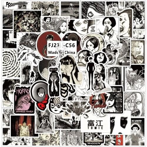 10/56Pcs Thriller Horror Comic Japan Anime Fujiang Stickers Black and White for Snowboard Laptop Luggage Fridge Graffiti Sticker