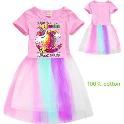 2020 Unicorn cotton summer round neck short-sleeved mesh stitching cute baby European and American fashion performance dress