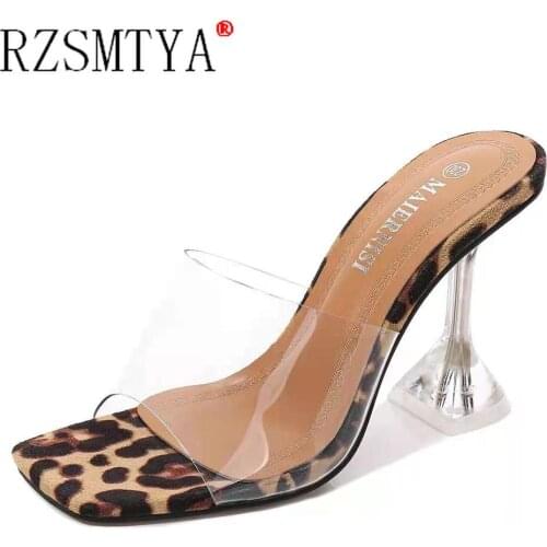 2021 Summer Thin Heel Transparent Crystal Heel Sandals and Slippers Womens Outer Wear Square Toe Open Toe Sandals Women