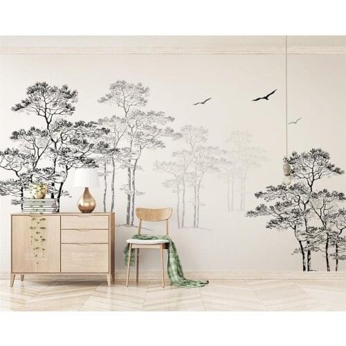 Beibehang Customized simple black and white sketch tree bird tv sofa background wall 3d wallpaper wallpaper home decoration