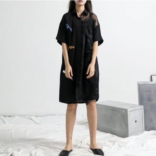 Long shirt Women Shirt dress Blouse with bird splice Spring Black
