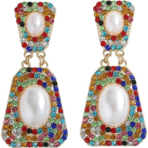 Dvacaman New Design Geometric Colorful Crystal Pearl Long Earrings Women High-Quality Rhinestones Jewelry Accessories Wholesale