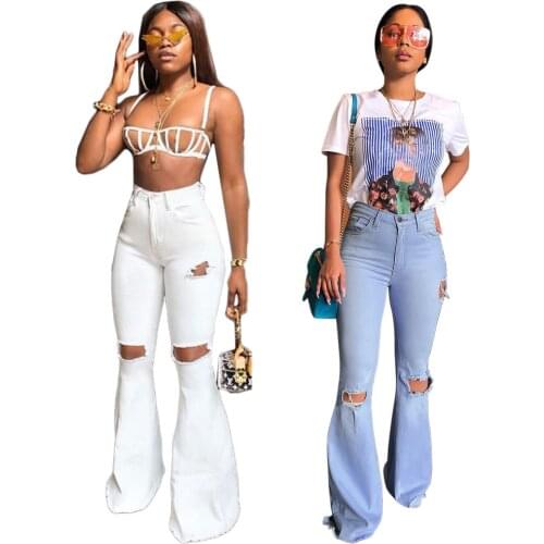 2019 Ladies White High Waist Female Denim Bell Bottom Casual Ripped Jeans For Women Mom Jeans Flare Plus Size Skinny Jeans Woman