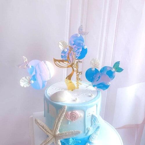Ins glitter mermaid tail Cake Topper Acrylic Pink gold shell happy Birthday cupcake Topper for Baby shower Party cake decoration