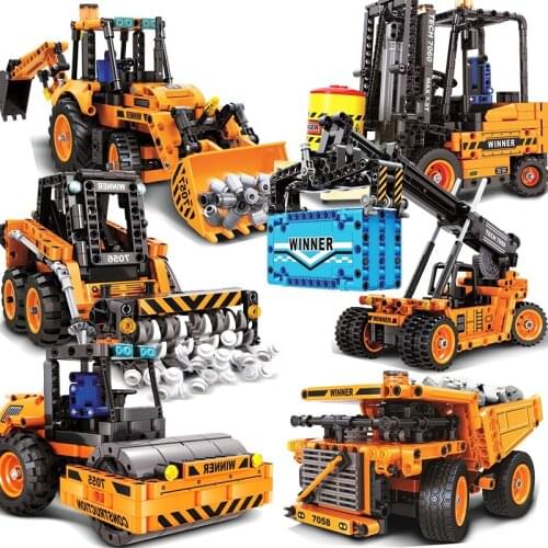 Engineering Vehicle Model Building Blocks Forklift Road Roller Crane Truck Wheel Excavator Mechanical Construction Toys