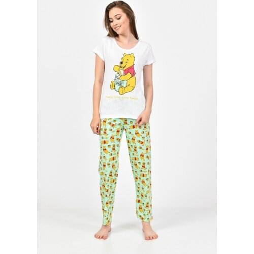 Kadın Beyaz Yeşil Baskılı Pijama Takımı