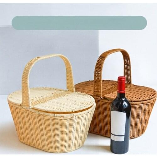 Picnic Basket Woven Rattan Basket with Lid Camping Storage Bread Fruit Food Breakfast Flower Display Box Kitchen Orginazer Home