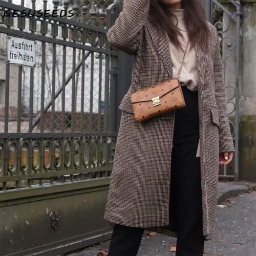 Winter jacket women elegant coat notched long sleeve coat houndstooth single breasted jacket oversized vintage long coat female