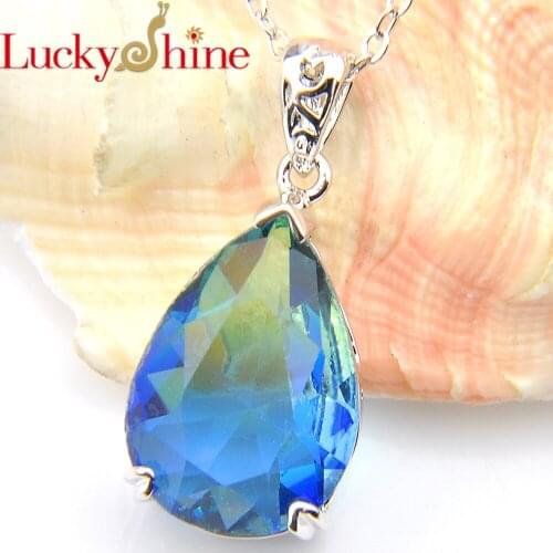 Luckyshine Women Wedding Jewelry Water Drop Tourmaline Crystal Zirconia Fashion Gentle Silver Chain Pendant Necklace 13*18MM
