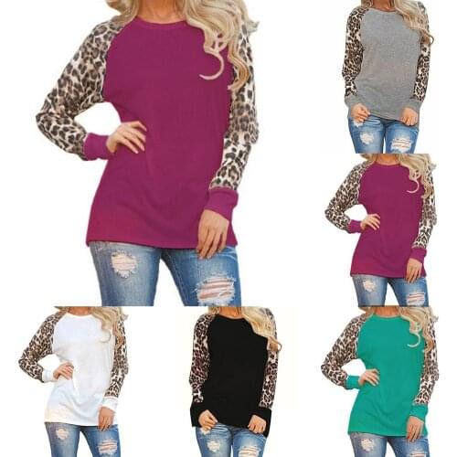 Fashion Women Cotton Spandex Patchwork Leopard O Neck Long Sleeve Pullover T-shirt Blouse Top t shirt women