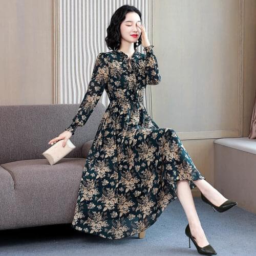 Muyom Summer Vintage Floral Dress Print Ruffle Long Sleeve A-line Mesh O-neck Plus Size Green Red Chiffon Cocktail Dresses 6445