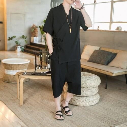 Chinese Style Mens Suit Thin Breathable Cotton Linen Two Piece Set Hanfu Tang Casual Kimono Short Sleeve T-shirt + Trousers