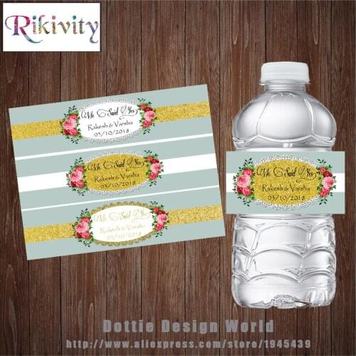 Rikivity Custom Rose Vintage Wedding Water Bottle Wine Labels Waterproof Candy Bar Wrapper Birthday Baby Shower Party Decoration