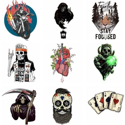 Prajna Black Skull Iron on Transfer DIY Heat Transfer Vinyl Patches for Clothes Badge Punk Pirate Viking Patch Applique Thermal