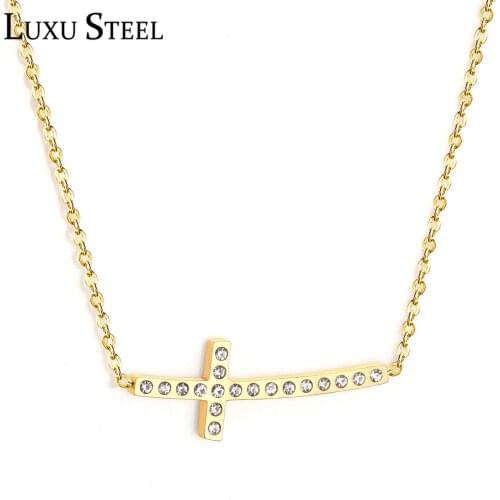 LUXUSTEEL best friend necklace Gold Color Cross With Cubic Zirconia Pendant Necklace Stainless Steel Collars Choker Party