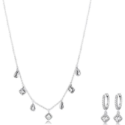 S925 Original Sterling Silver Dangling Geometric Shapes Necklace Sparkling Hoop Earrings Jewelry Sets for Women brincos collier