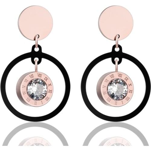 Rose Gold Circle Hanging Black Circle Middle Roman Numeral Crystal Drop Earring Stainless Steel Jewelry Woman Beautiful Earring
