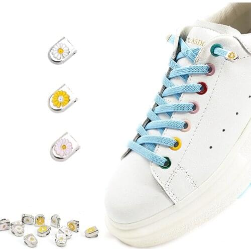 1Pair No Tie Shoelaces Daisy push button Fast Metal Buckle Elastic Shoelace For Kids Adult Sports Boots Lazy White Laces Strings