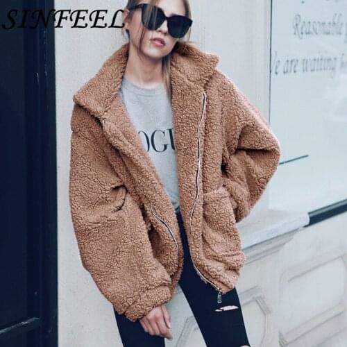SINFEEL 3XL Fleece Faux Fur Shearling Jacket Coat Women Autumn Winter Warm Thick Coat Female Casual Overcoat Outerwear Plus Size