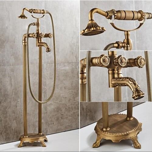 Carved Bathtub Faucet Solid Brass Luxury Floor Standing Bathroom Bathtub Faucet Antique Dual Handle with Handheld Shower Crane