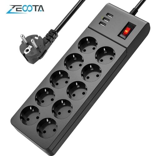 Power Strip Multiple Socket 10 Way Slots Plug Electrical Outlets 3 USB Charge Ports EU Plug Switch 2m Extention Cord Home Office
