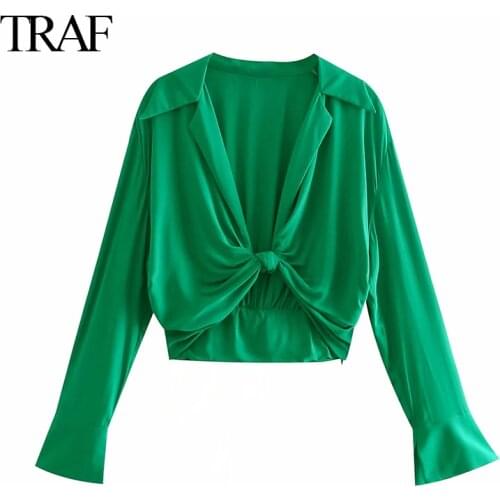 TRAF 2021 Womens Fashion Turn Down Collar Knotted Green Color Short Smock Blouse Female Long Sleeve Slim Shirt Chic Crop Tops