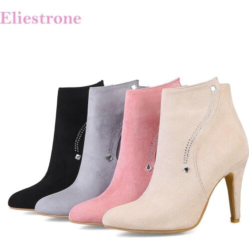 Brand New Winter Sexy Apricot Black Women Ankle Boots Pink Lady Crystal Shoes High Heel AK05 Plus Big Small Size 10 32 44 48